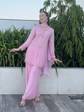 Rose water pink Parsi gara & chikankari embroidered kurta set (set of 3)